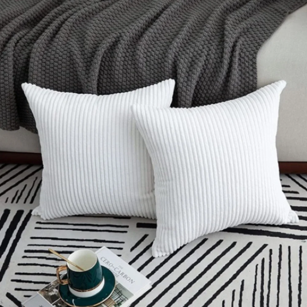 Luxury Home | Elegant Bright White Soft Corduroy Striped Throw Pillow Covers